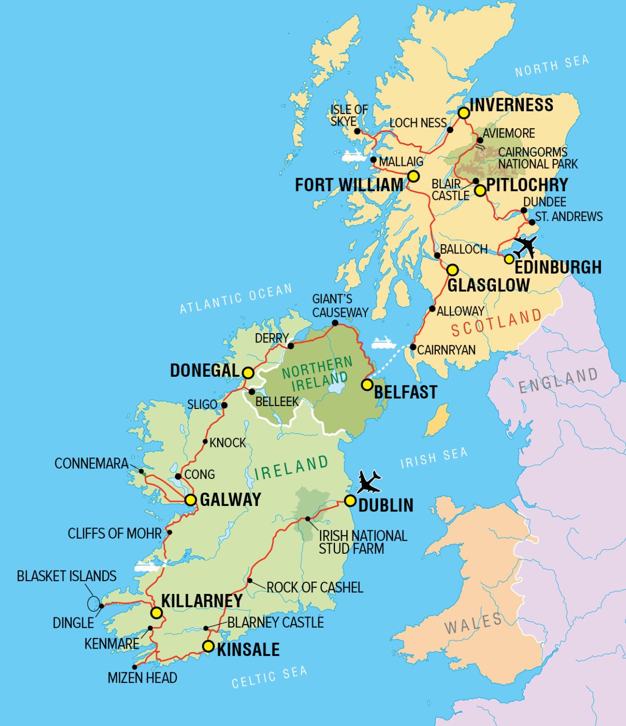 Ireland and Scotland tour map